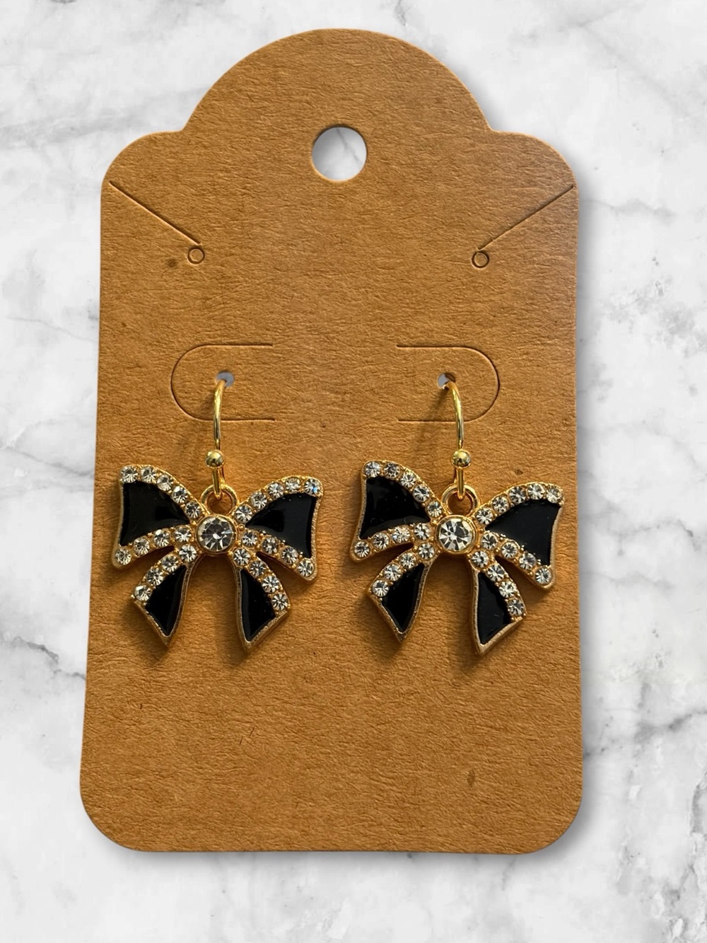 Gold Bow Drop Earrings with Black Enamel & Clear Crystals - Women Jewelry